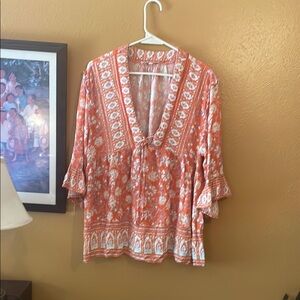 C&C California Pink and White Ruffled 3/4 Sleeve Blouse